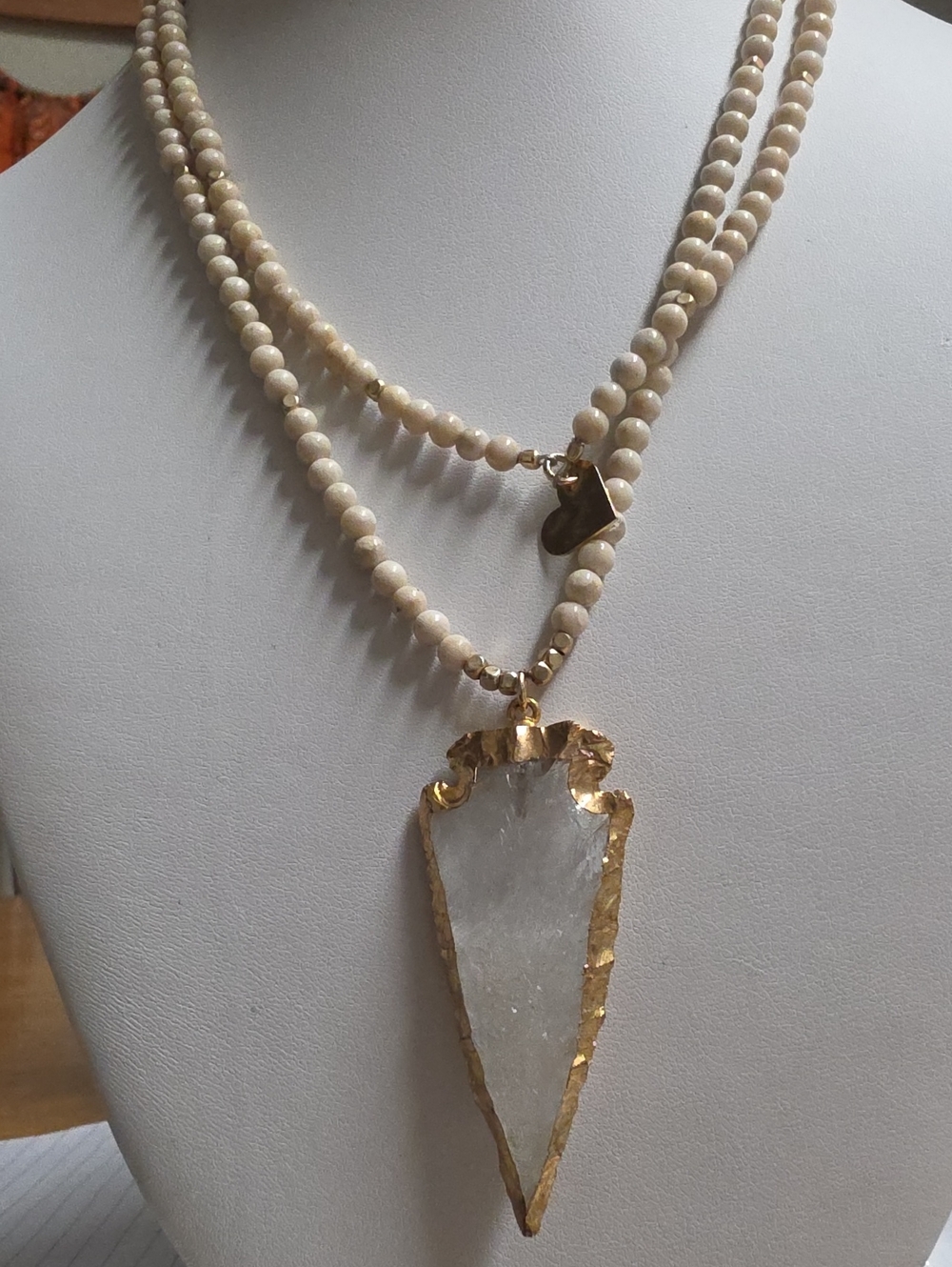 Natural Quartz Arrowhead Pendant Necklace Agatized Fossil Coral Beaded Strand